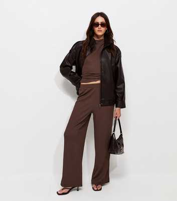 Dark Brown Crinkled Jersey Wide Leg Trousers