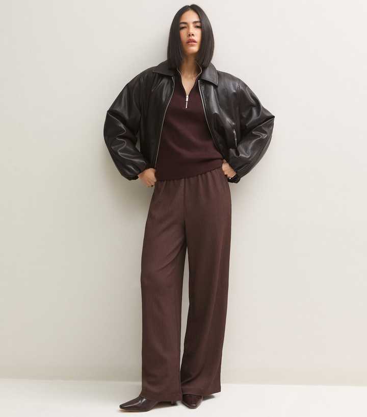 Dark Brown Crinkled Jersey Wide Leg Trousers