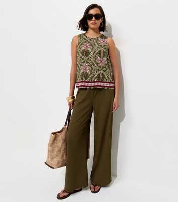 Light Khaki Crinkled Jersey Wide Leg Trousers