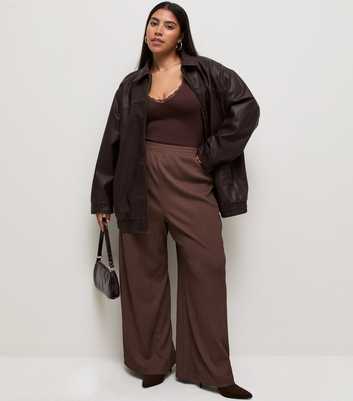 Curves Dark Brown Crinkle Jersey Wide Leg Trousers