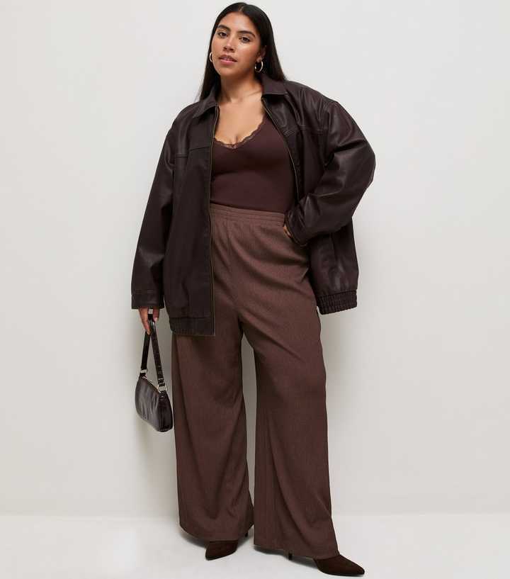 Curves Dark Brown Crinkle Jersey Wide Leg Trousers
