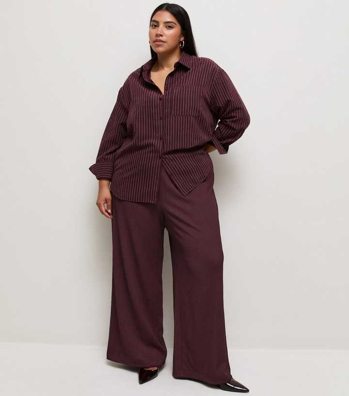 Curves Dark Burgundy Crinkle Jersey Wide Leg Trousers