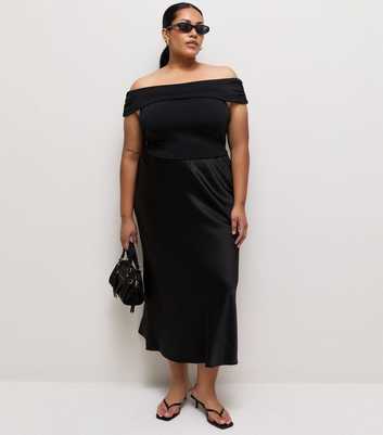 Curves Black Satin Bias Cut Midi Skirt