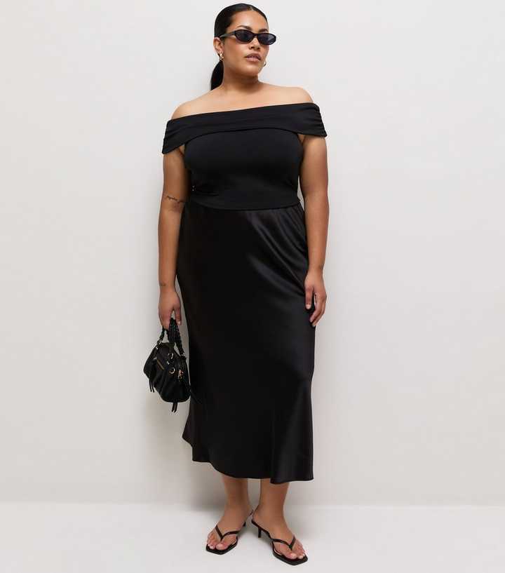 Curves Black Satin Bias Cut Midi Skirt