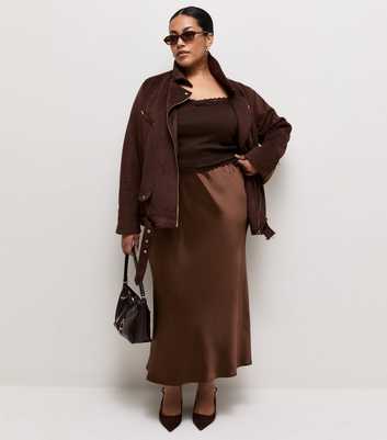 Curves Brown Satin Bias Cut Midi Skirt