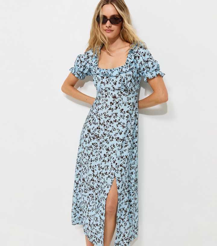 Blue Floral Square Neck Midi Tea Dress