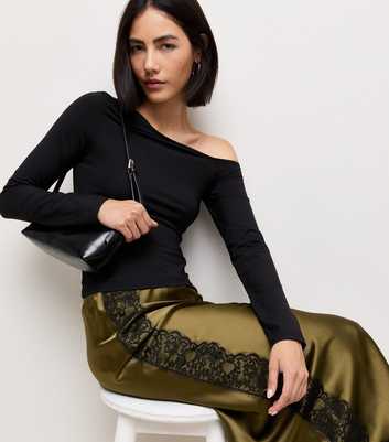 Light Khaki Satin Lace Trim Midi Skirt