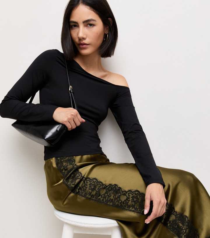 Light Khaki Satin Lace Trim Midi Skirt