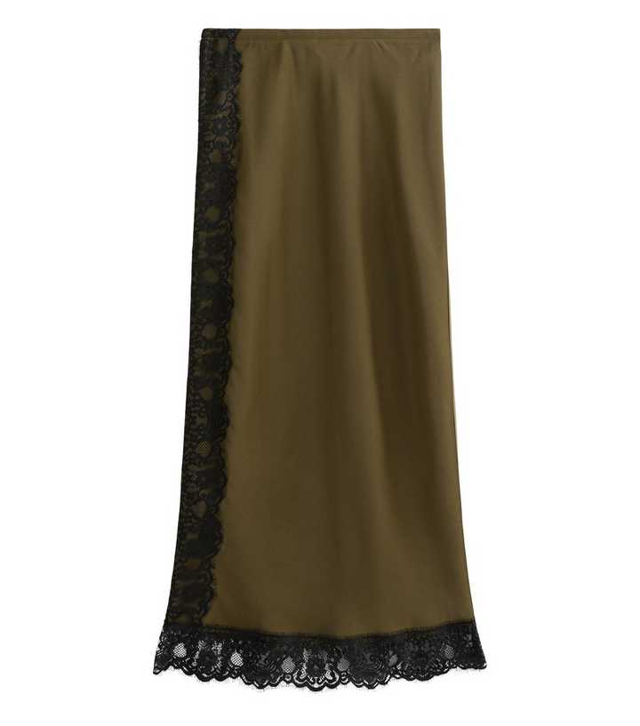 Light Khaki Satin Lace Trim Midi Skirt