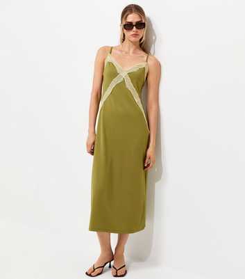 Light Green Lace Strappy Contrast Trim Midi