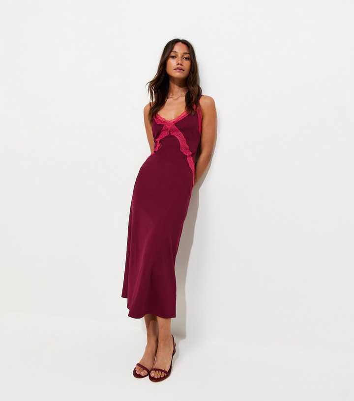 Dark Burgundy Lace Strappy Contrast Trim Midi