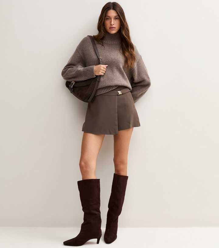 Dark Brown Hardware Detail Wrap Skort