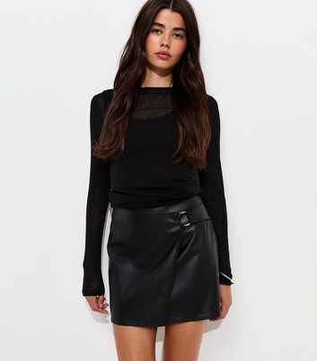Black Faux Leather Hardware Detail Wrap Skort