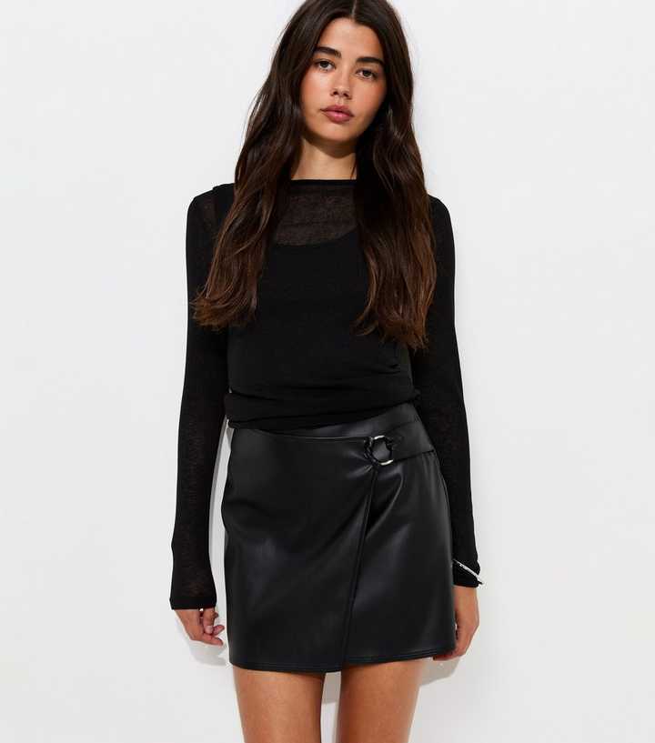 Black Faux Leather Hardware Detail Wrap Skort