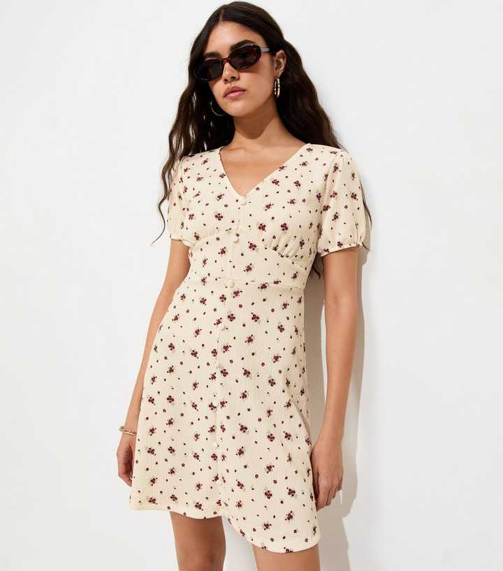 White Floral V-Neck Short Sleeve Mini Dress