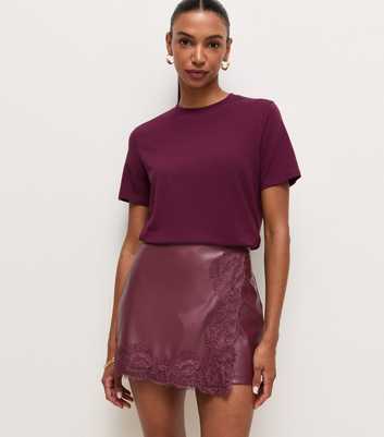 Dark Burgundy Lace Trim Wrap Front Faux Leather Skort