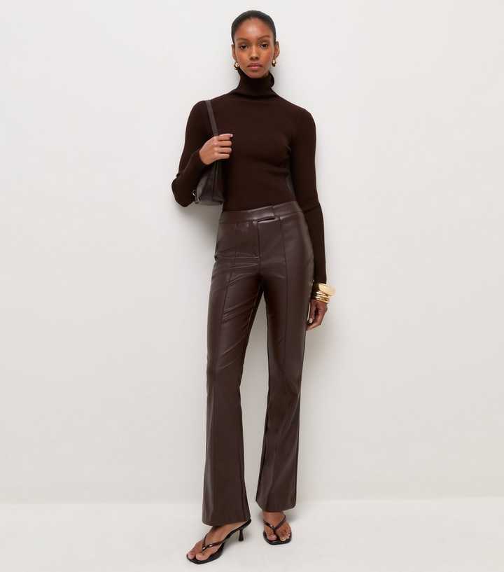 Dark Brown Faux Leather Kick Flare Trousers