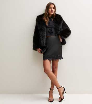 Black Satin Lace Scallop Trim Mini Skirt