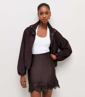 Dark Brown Satin Lace Scallop Trim Mini Skirt