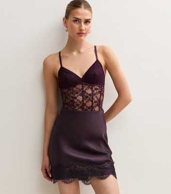 Dark Burgundy Satin Lace Scallop Trim Mini Skirt