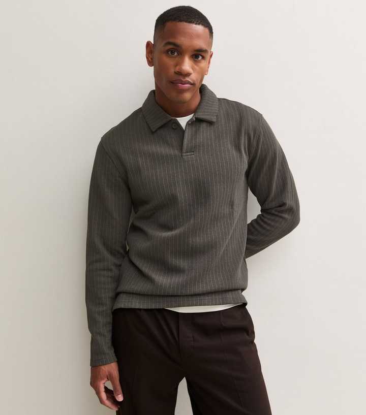 Only & Sons Dark Khaki Textured Collared Polo Long Sleeve Top