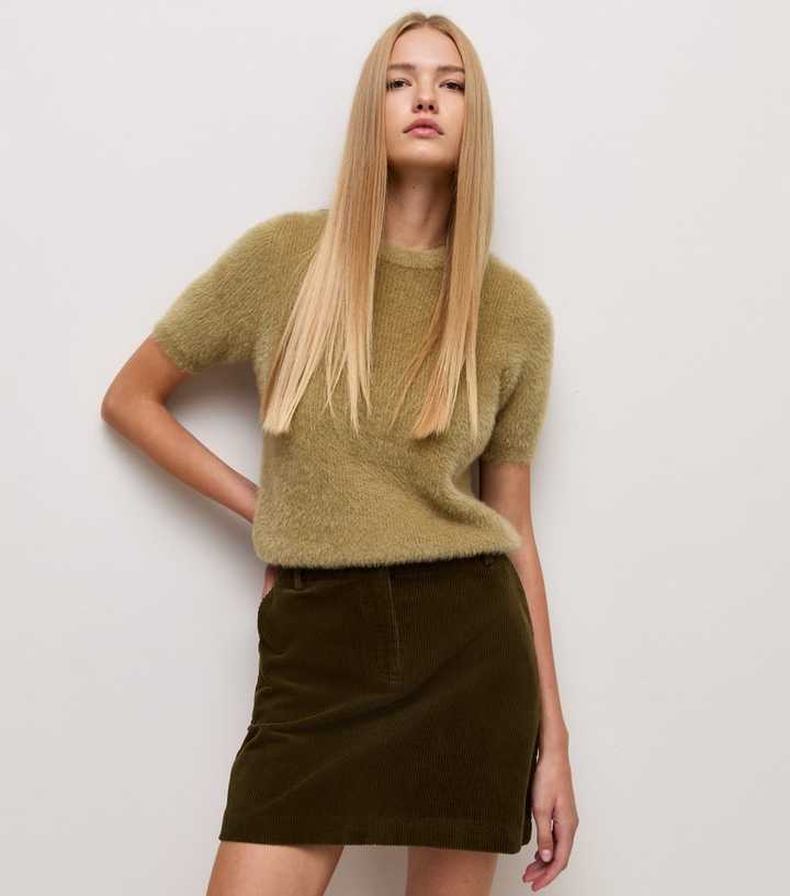 Light Khaki Cotton Corduroy Mini Skirt