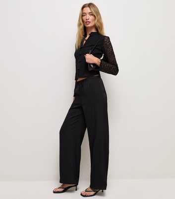 Tall Black Satin Drawstring Wide Leg Trousers