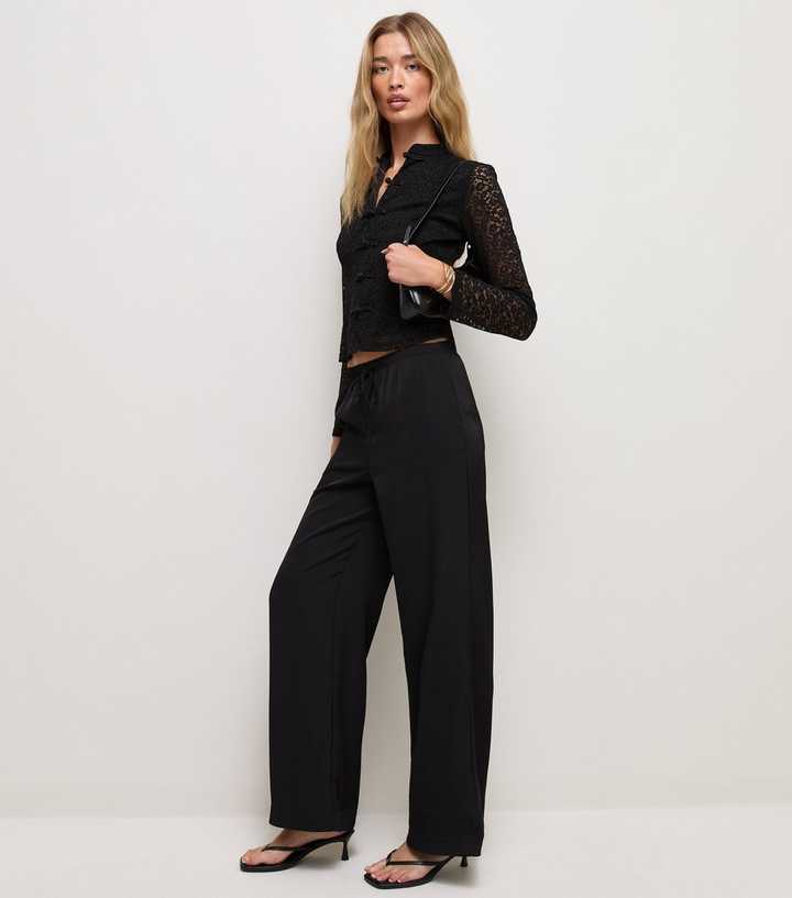 Tall Black Satin Drawstring Wide Leg Trousers