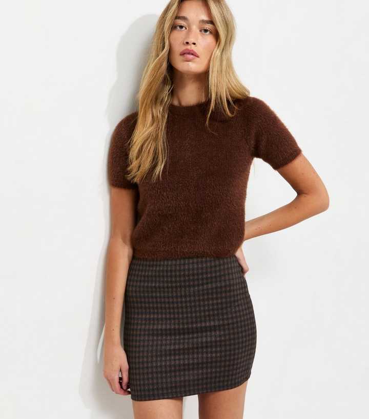 Tall Brown Check Jacquard Tube Mini Skirt
