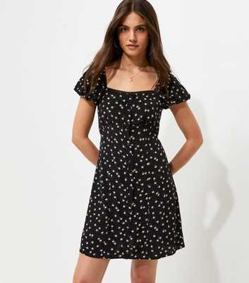 Black Floral Print Button Front Ditsy Print Mini Dress