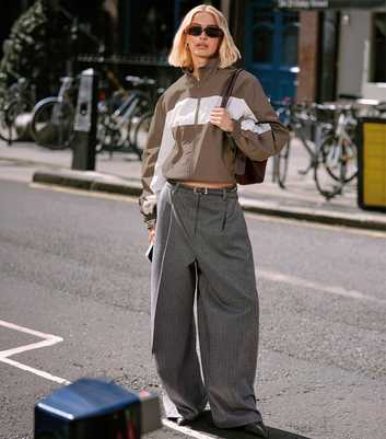Grey Pinstripe Button Wide Leg Tailored Trousers