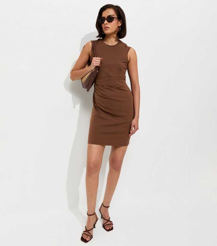 Dark Brown Ruched Waist Sleeveless Mini Dress