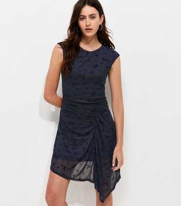 Navy Floral Flocked Ruched Sleeveless Mini Dress
