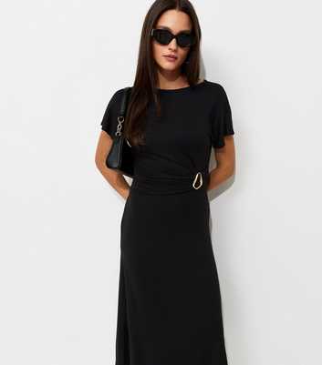 Black Sculpted Buckle Short Sleeve Midi Dress