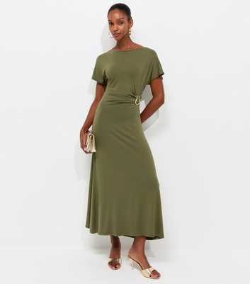 Dark Khaki Sculpted Buckle Short Sleeve Midi Dress