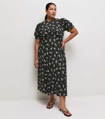 Curves Black Crepe Floral Print Short Sleeve Midi Dress