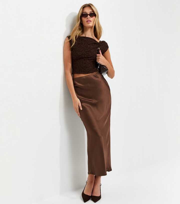 Tall Dark Brown Satin Bias Cut Maxi Skirt