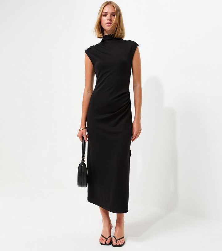 Black High Neck Ruched Sleeveless Midi Dress