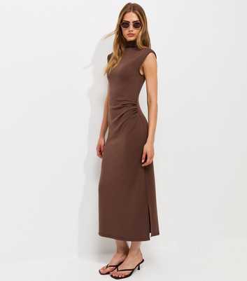 Dark Brown High Neck Ruched Sleeveless Midi Dress