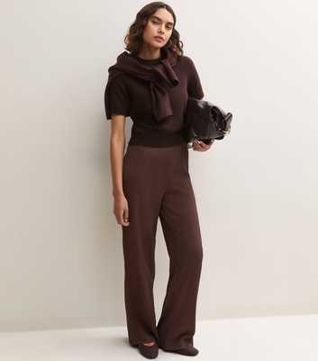 Tall Dark Brown Crinkle Texture Jersey Wide Leg Trousers