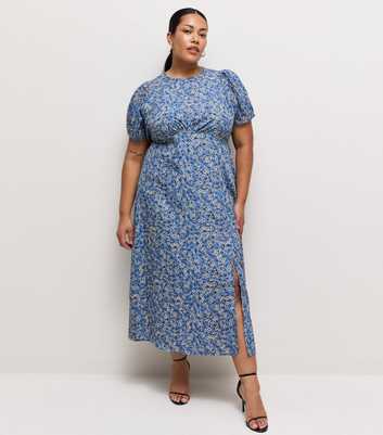 Curves Blue Ditsy Print Crew Neck Midi Dress