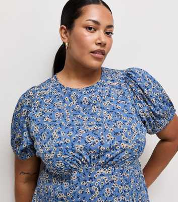 Curves Blue Ditsy Print Crew Neck Midi Dress