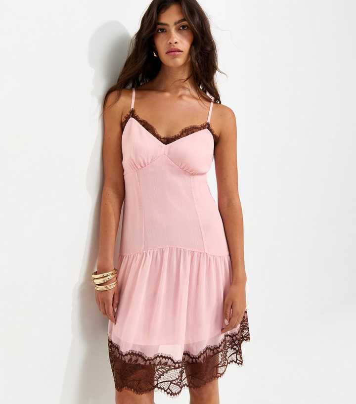 Pale Pink Chiffon Lace Trim Strappy Mini Dress