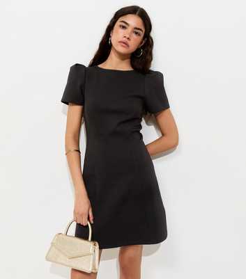 Black Cotton Rich Ponte Short Sleeve Structured Shoulder Mini Dress