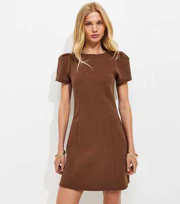 Dark Brown Cotton Rich Ponte Short Sleeve Structured Shoulder Mini Dress