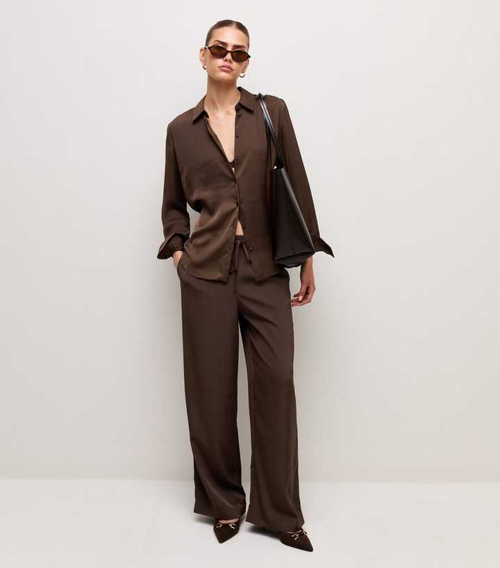 Brown Satin Wide Leg Trousers
