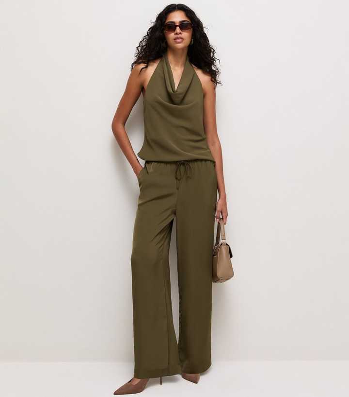 Light Khaki Satin Wide Leg Trousers