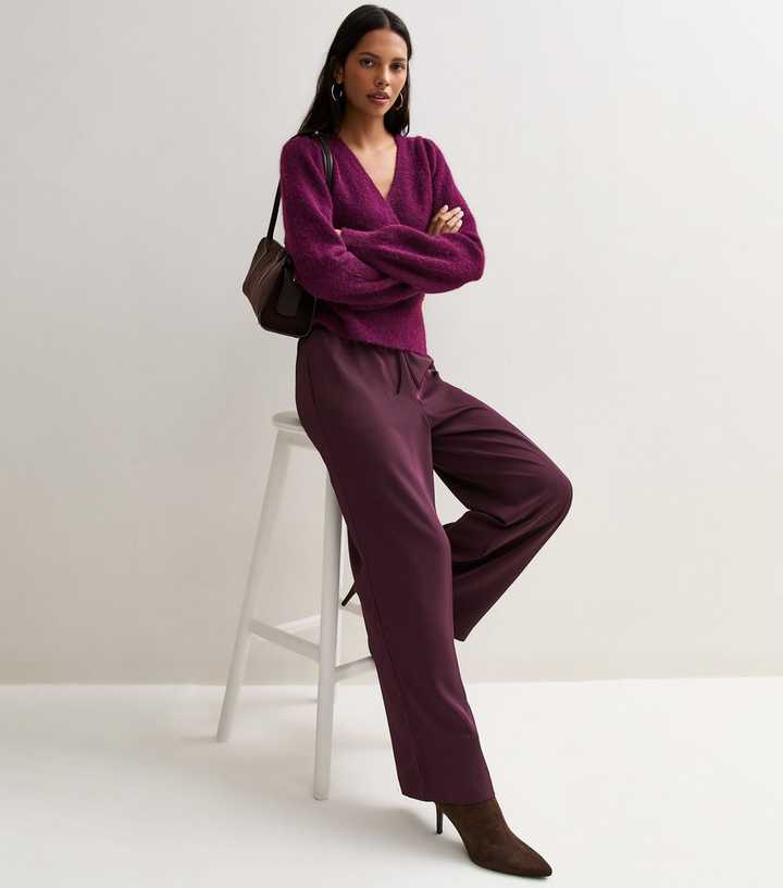 Dark Burgundy Satin Wide Leg Trousers