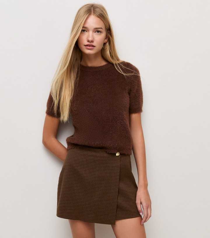 Brown Gingham Wrap Mini Skort