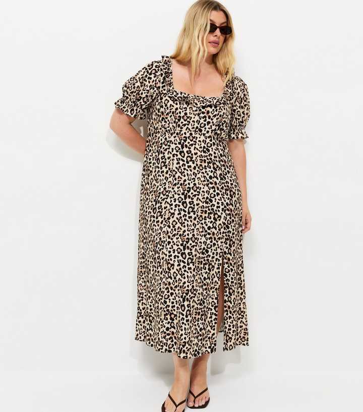 Curves Brown Animal Print Square Neck Midi Tea Dress